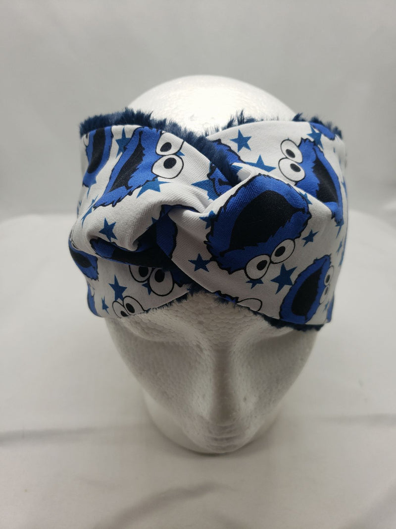 Load image into Gallery viewer, Ear Warmer | Twist Headband Cotton Lycra and Minky Adult OSFM cookie monster/bl
