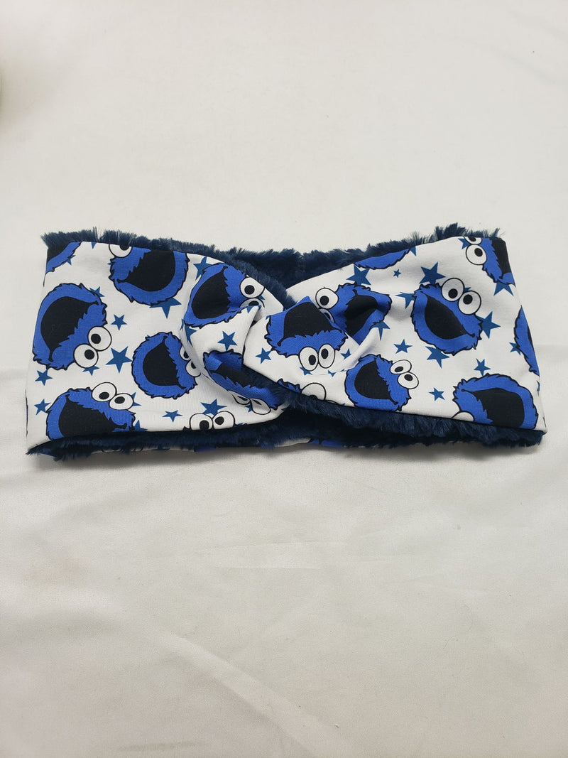 Load image into Gallery viewer, Ear Warmer | Twist Headband Cotton Lycra and Minky Adult OSFM cookie monster/bl
