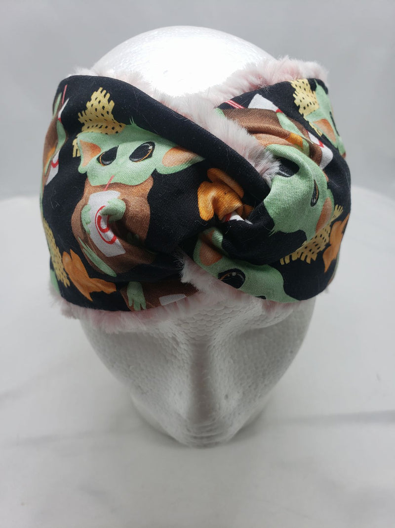 Load image into Gallery viewer, Ear Warmer | Twist Headband Cotton Lycra and Minky Adult OSFM baby yoda/red
