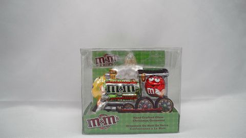 (NIB) M&M’s Hand Blown Crafted Glass Christmas Train Ornament Kurt Adler 4x5 Inches
