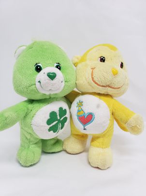 2003 Care Bears Cuddle Pairs Good Luck & Cousins Playful Heart Monkey 7”