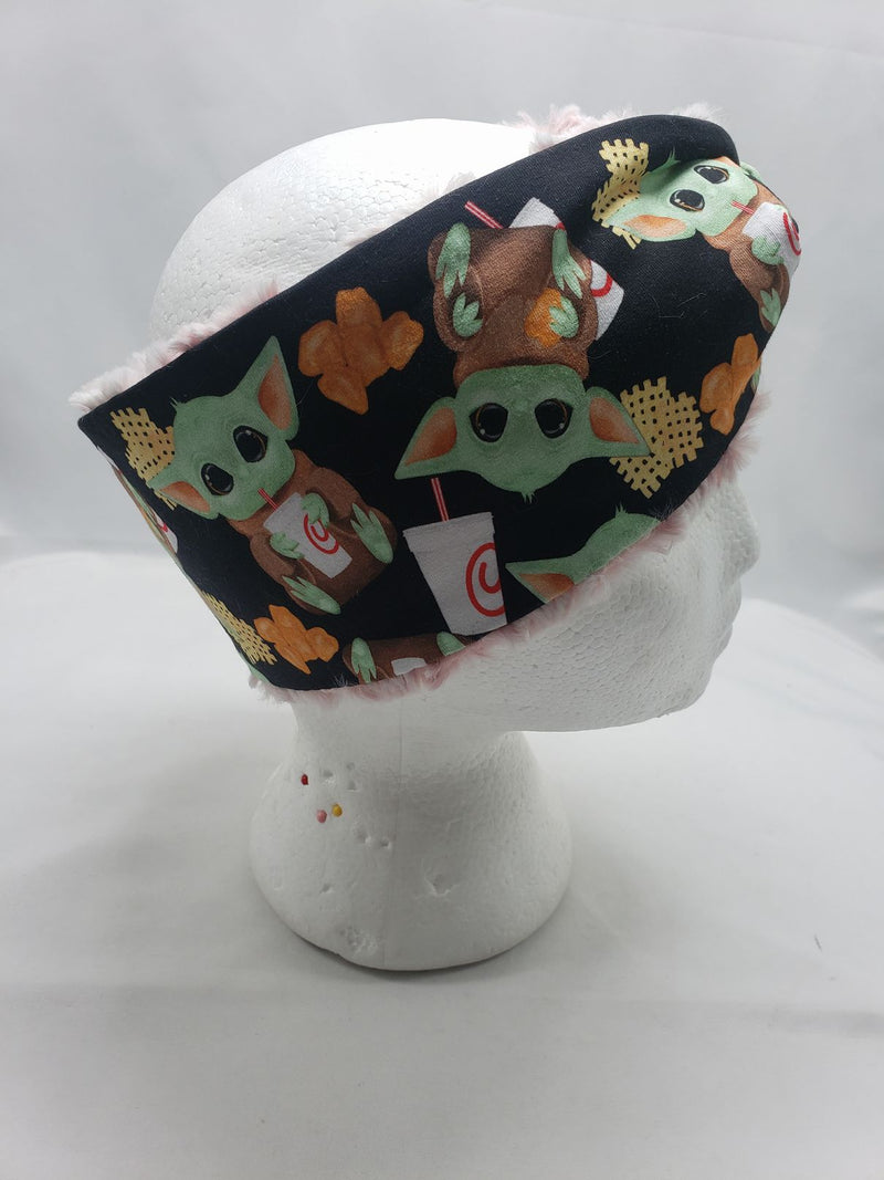Load image into Gallery viewer, Ear Warmer | Twist Headband Cotton Lycra and Minky Adult OSFM baby yoda/red
