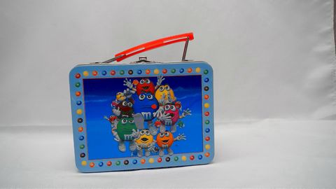 Load image into Gallery viewer, M&amp;M&#39;s Mini Tin Lunch Box 5.5&quot; Red Blue Orange Green Purple Brown ( Pre-Owned)
