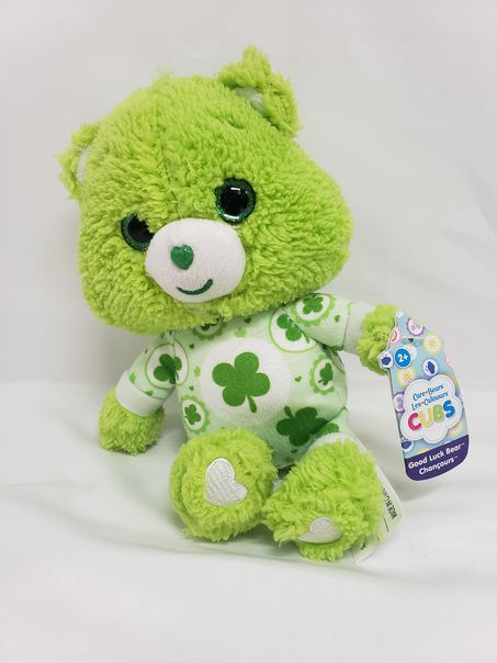 Load image into Gallery viewer, Rare FUZZY Lime Green Care Bears 8&quot; Beans Plush Good Luck Sparkle Eyes Big Head
