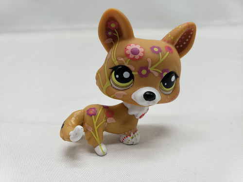 Littlest Pet Shop #1851 LPS Brown Tan White Corgi With Pink Flowers