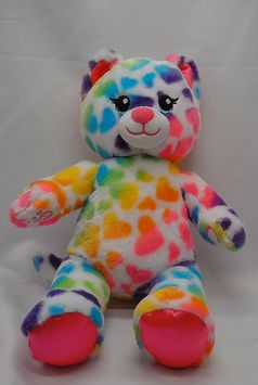 Build A Bear White cat Multicolor Hearts Plush 16