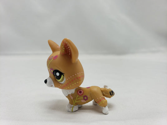 Littlest Pet Shop #1851 LPS Brown Tan White Corgi With Pink Flowers